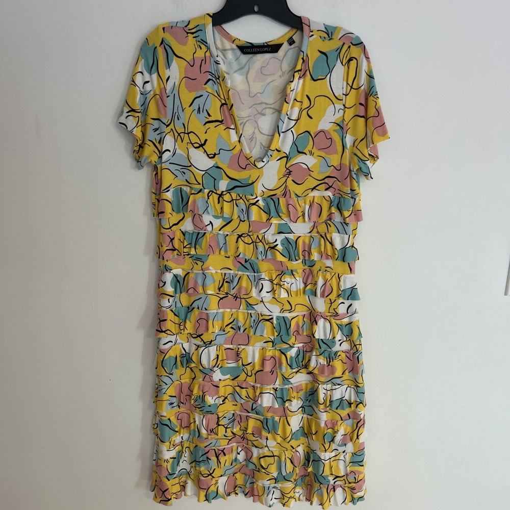 Colleen Lopez Women's S Short Sleeve V-Neck Ruffled Yellow Blue Knee-High Dress